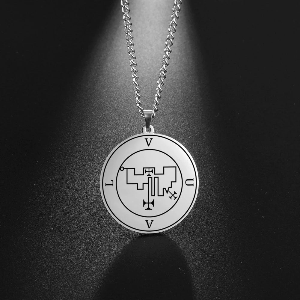 LIKGREAT Stainless Steel Lesser Key of King Solomon Occult Sigil 72 Demon Medalion Necklace for Men Women Pagan