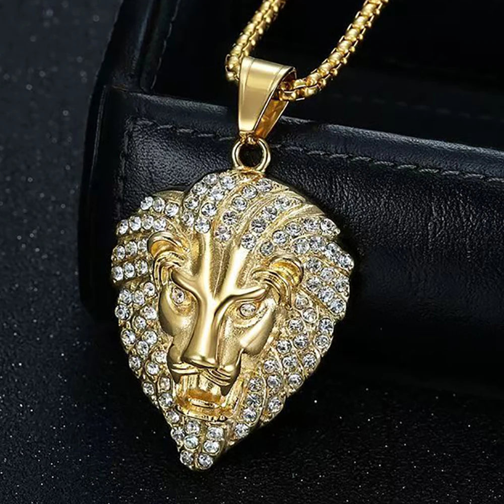 Men's Rock Hip Hop Lion Head Necklace Fashion Creative Stainless Steel Animal Pendant Party Club Charm Jewelry Gifts