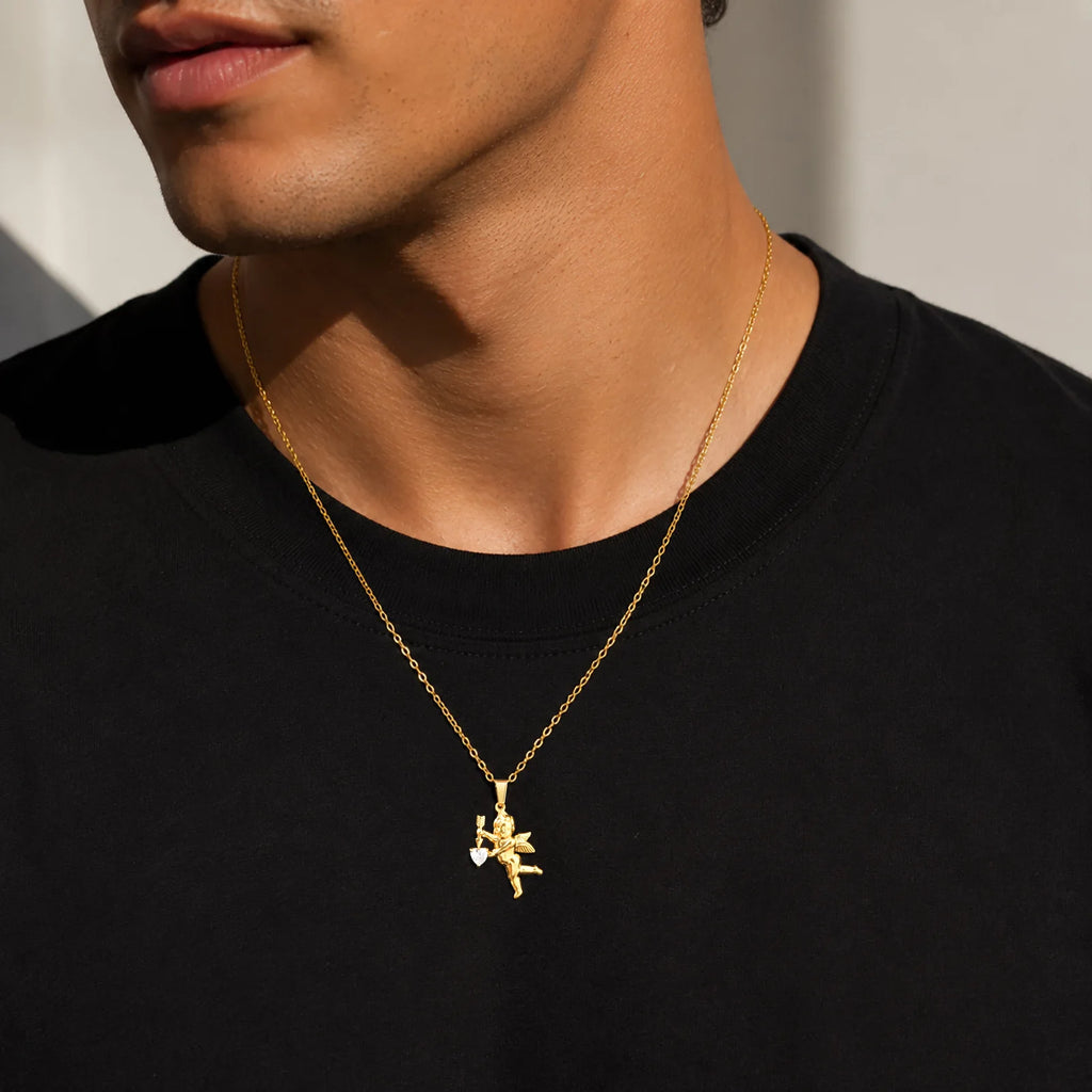 Gold Color Stainless Steel Cupid Pendant Necklace,Love CZ Bow Arrow Cupid Pendant Necklace,Pray for Beautiful Love Jewelry