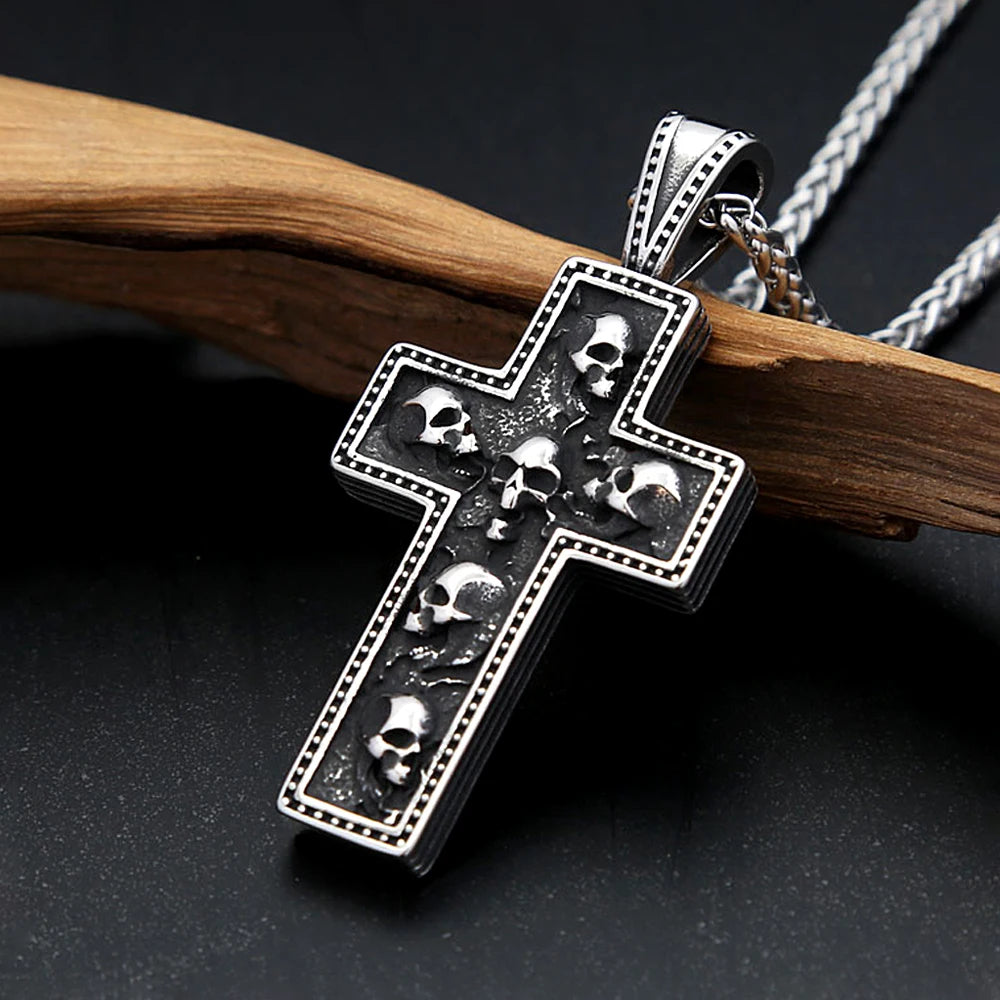 Unisex Multi Skull Cross Stainless Steel Pendant Necklace Gothic Dark Religious Skeleton Totem Jewelry Daily Punk Fashion Gift