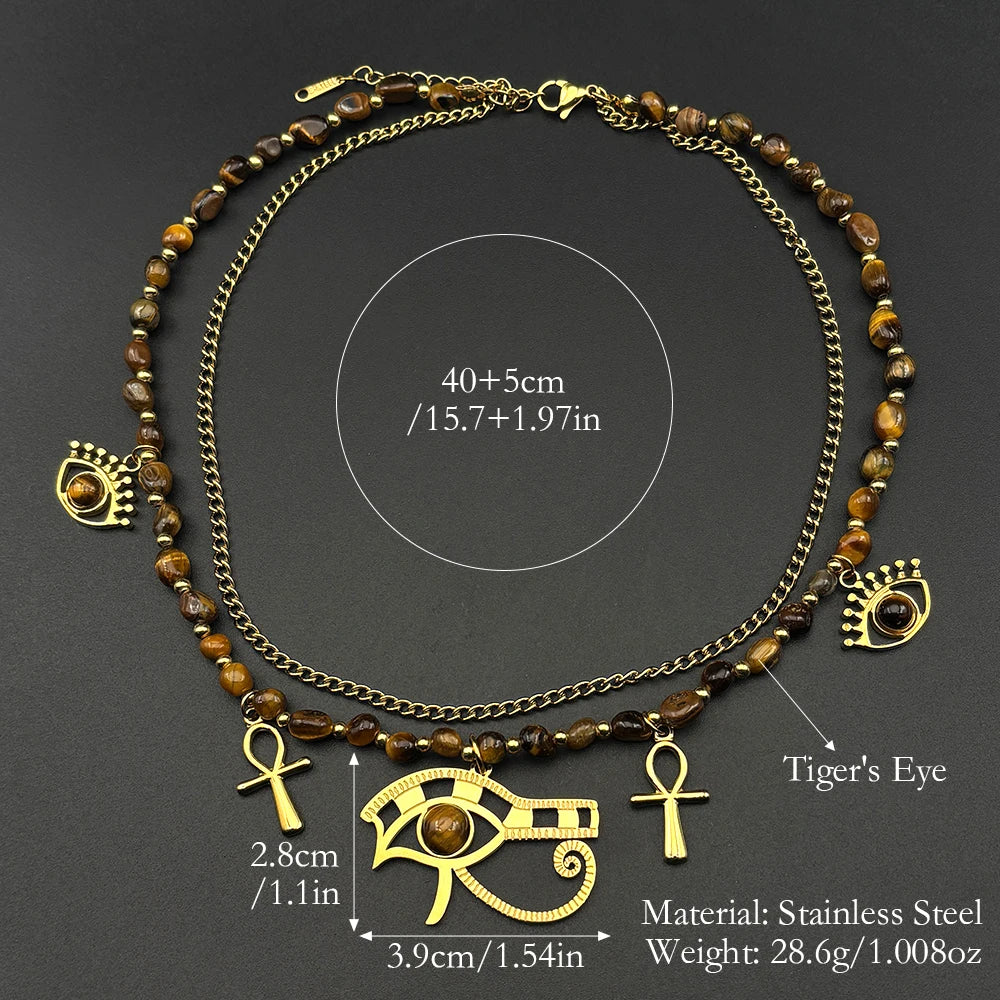 Boho Irregular Tiger Eye Stone Ankh Cross Eye of Horus Evil Eye Stainless Steel Double-layer Choker Necklace Gold Color