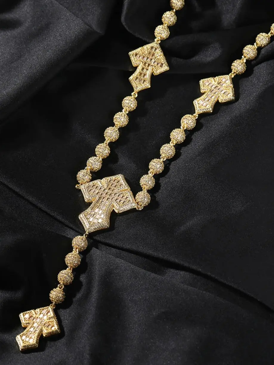 THE BLING KING Full Paved Iced Out Bling New In Cubic Zirconia HipHop Jewelry 4 Cross Bead Chain Necklace for Women Men