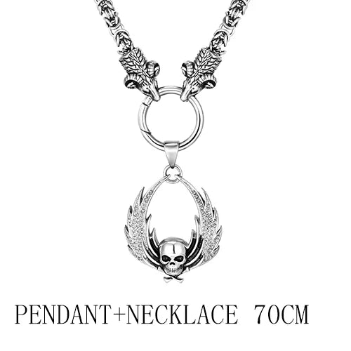 Fallen Angel Wings Skull Pendant Necklace — Stainless Steel