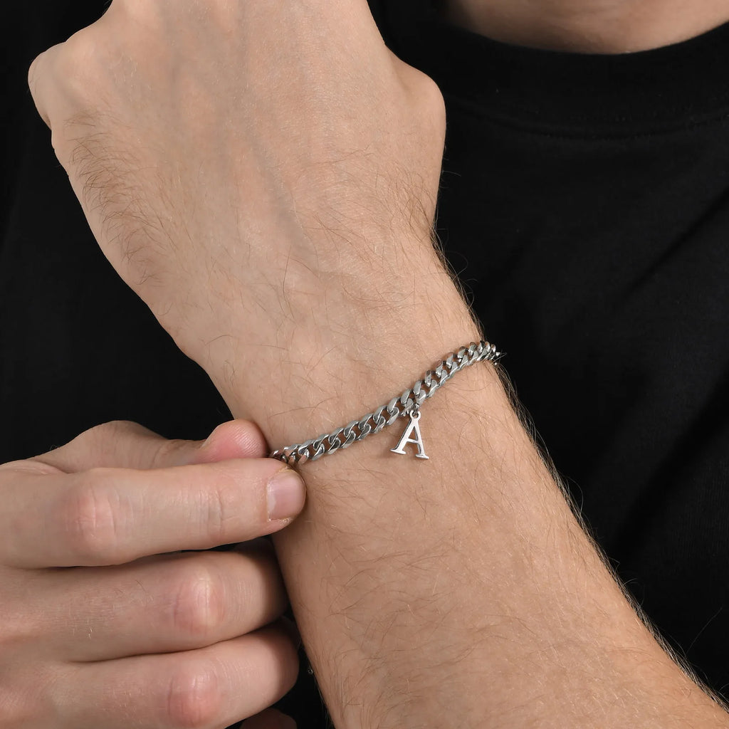 Vnox A-Z Initial Bracelets for Men Women, Never Fade Silver Color Stainless Steel Cuban Chain Bracelet with 26 Letter