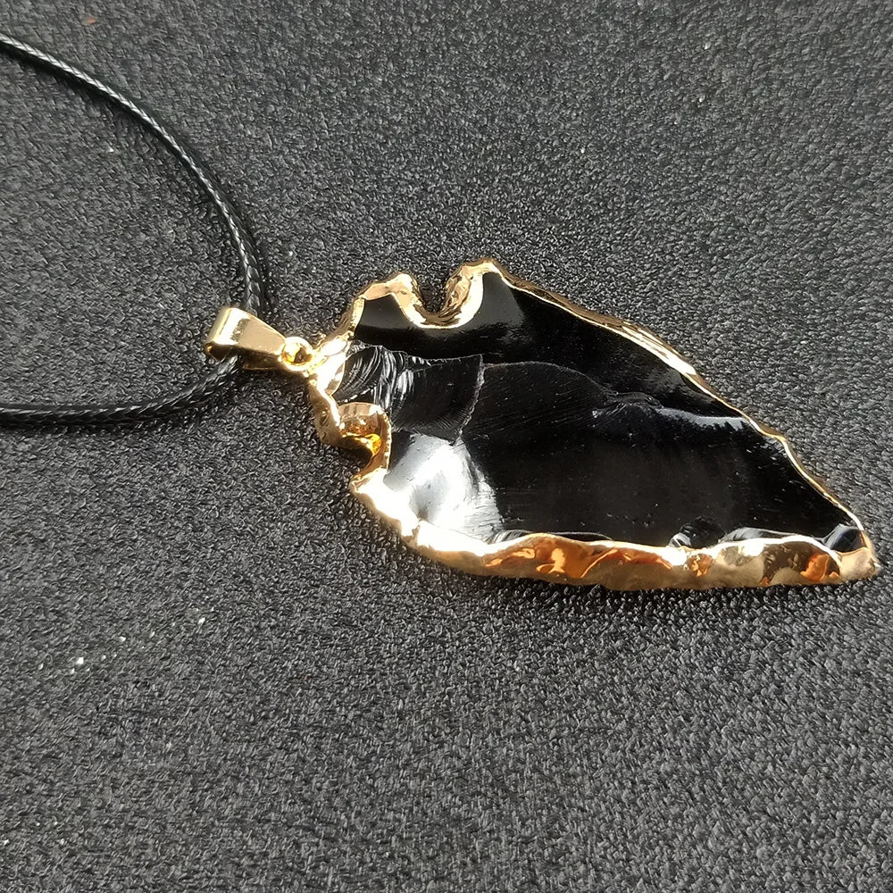 Natural Black Obsidian Arrow Shaped Crystals Pendant Golden Edge Plated Raw Healing Crystal Irregular Arrow Head Amulet