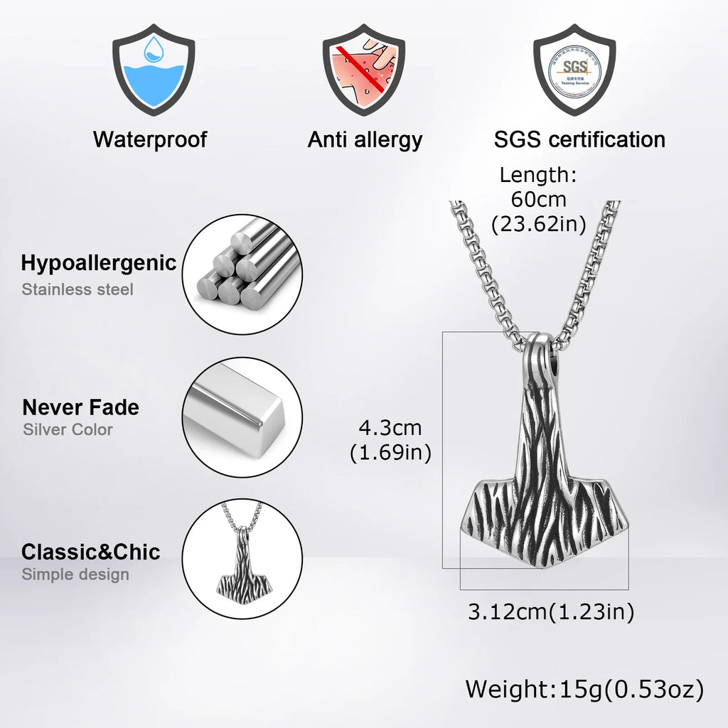 Stainless Steel Thor's Hammer Pendant Box Chain Necklace, Viking Mjolnir Amulet Jewelry for Men Women, Punk Hip Hop Gift