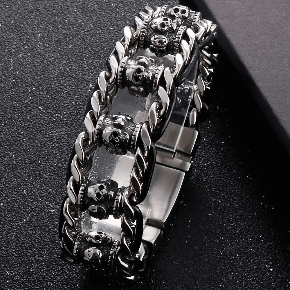 Cool Men‘s Stainless Steel Braided Rope Dragon Bone & Skull Head Bracelet for Man Religious Scripture Bracelets