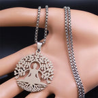 Buddhism Meditation Buddha Yoga Pendant Necklace Stainless Steel Tree of Life Buddhist Chakras Reiki Chain Jewelry Collar