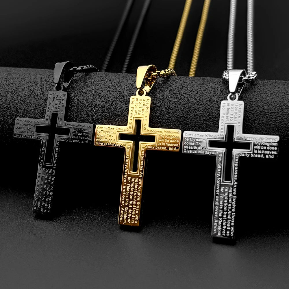 Lord’s Prayer Cross Pendant Necklace — Stainless Steel