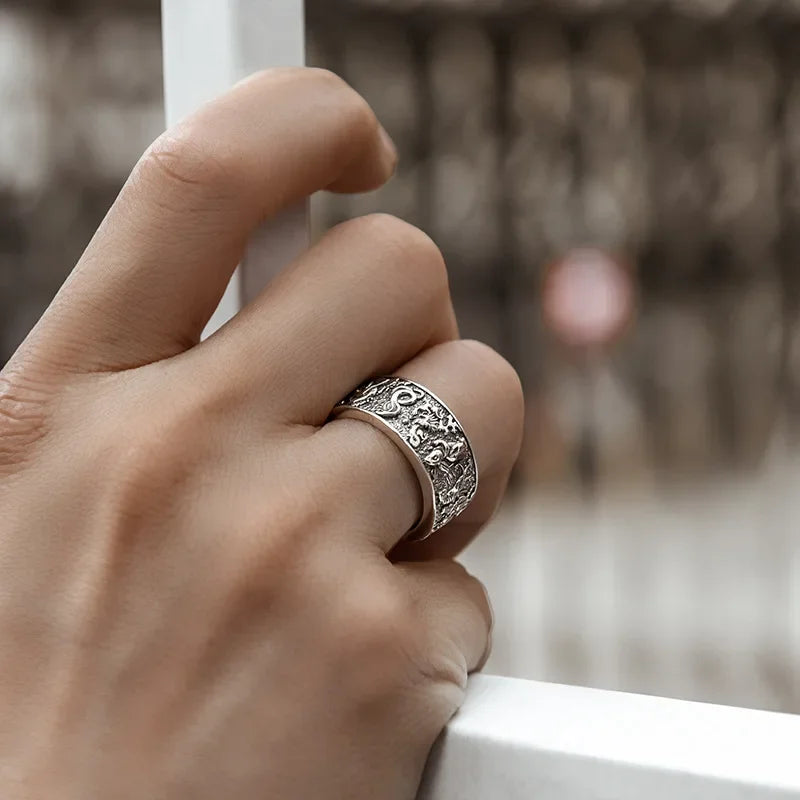 Stereoscopic Embossed Design Zodiac Mens Rings Retro Opening Adjustable Wide Ring New 925 Silver Manly Handsome Banquet Jewelry