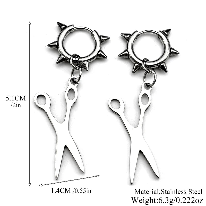 Gothic Scissors Rivet Hoop Dangle Earrings — Stainless Steel