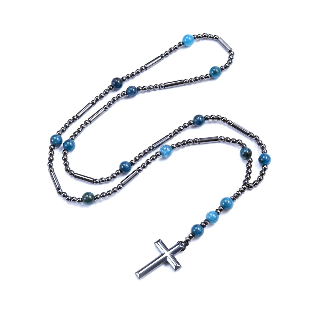 Black Hematite Blue Stone Cross Pendant Necklace — Black-Tone