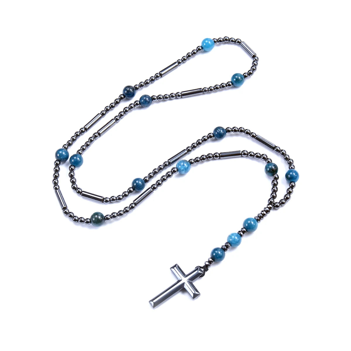 Fashion Black Hematite Beads with Blue Natural Stone Cross Pendant Necklace for Men and Womern Sweater Chain