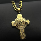 Stainless Steel Christian Saint Raphael Pray for Us Cross Pendant Necklaces Women Men Gold Color Chain Necklace Jewelry