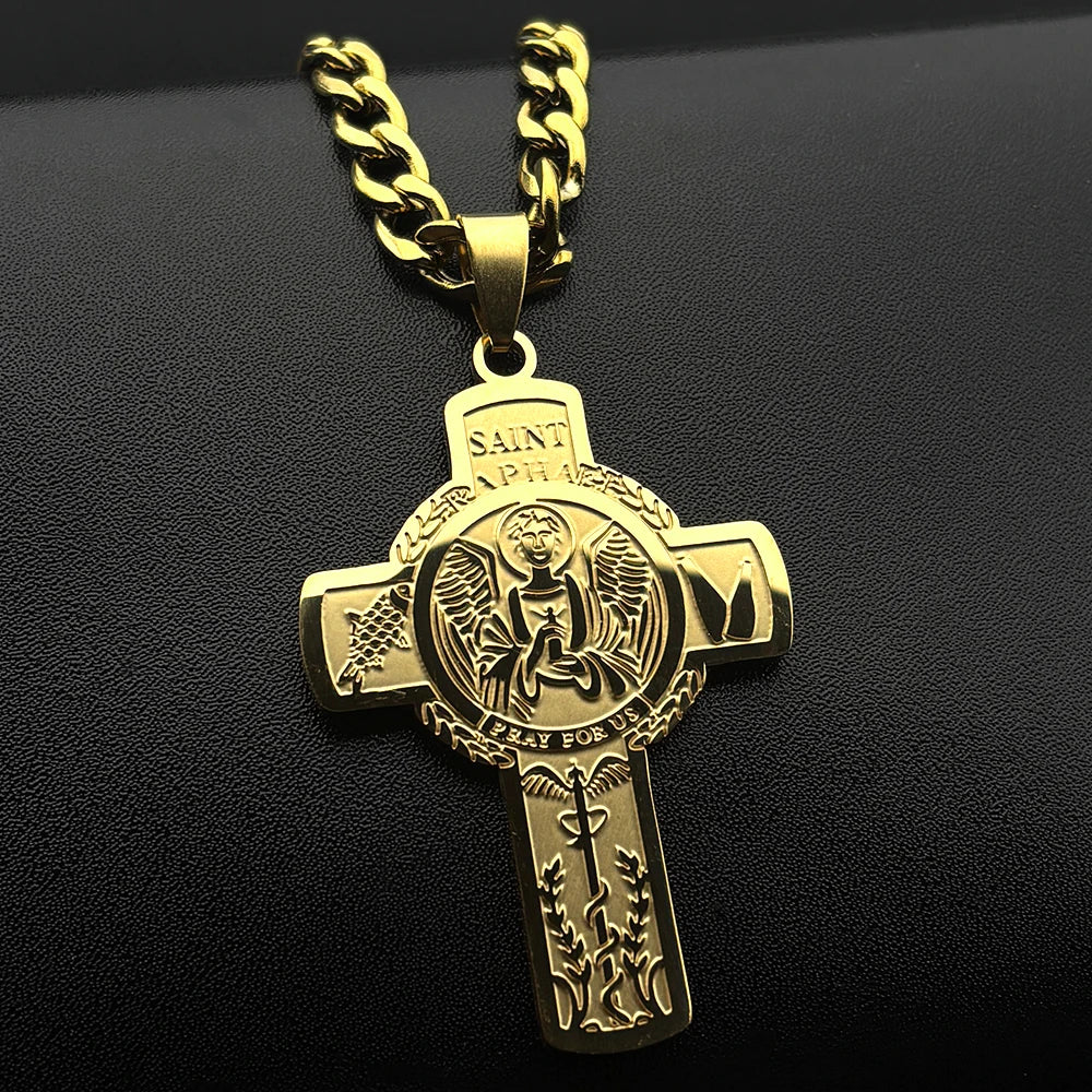 Stainless Steel Christian Saint Raphael Pray for Us Cross Pendant Necklaces Women Men Gold Color Chain Necklace Jewelry