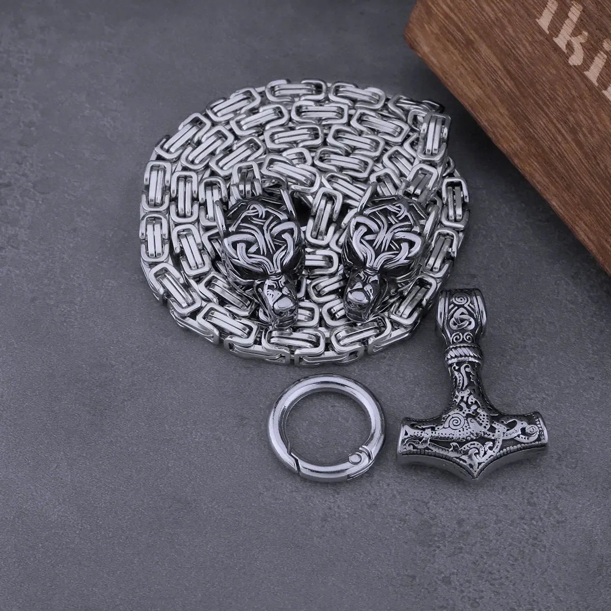 Viking Stainless Steel Wolf Head Thor's Hammer Necklace Men Punk Hip Hop Thick Chain Necklace Nordic Amulet Rune for