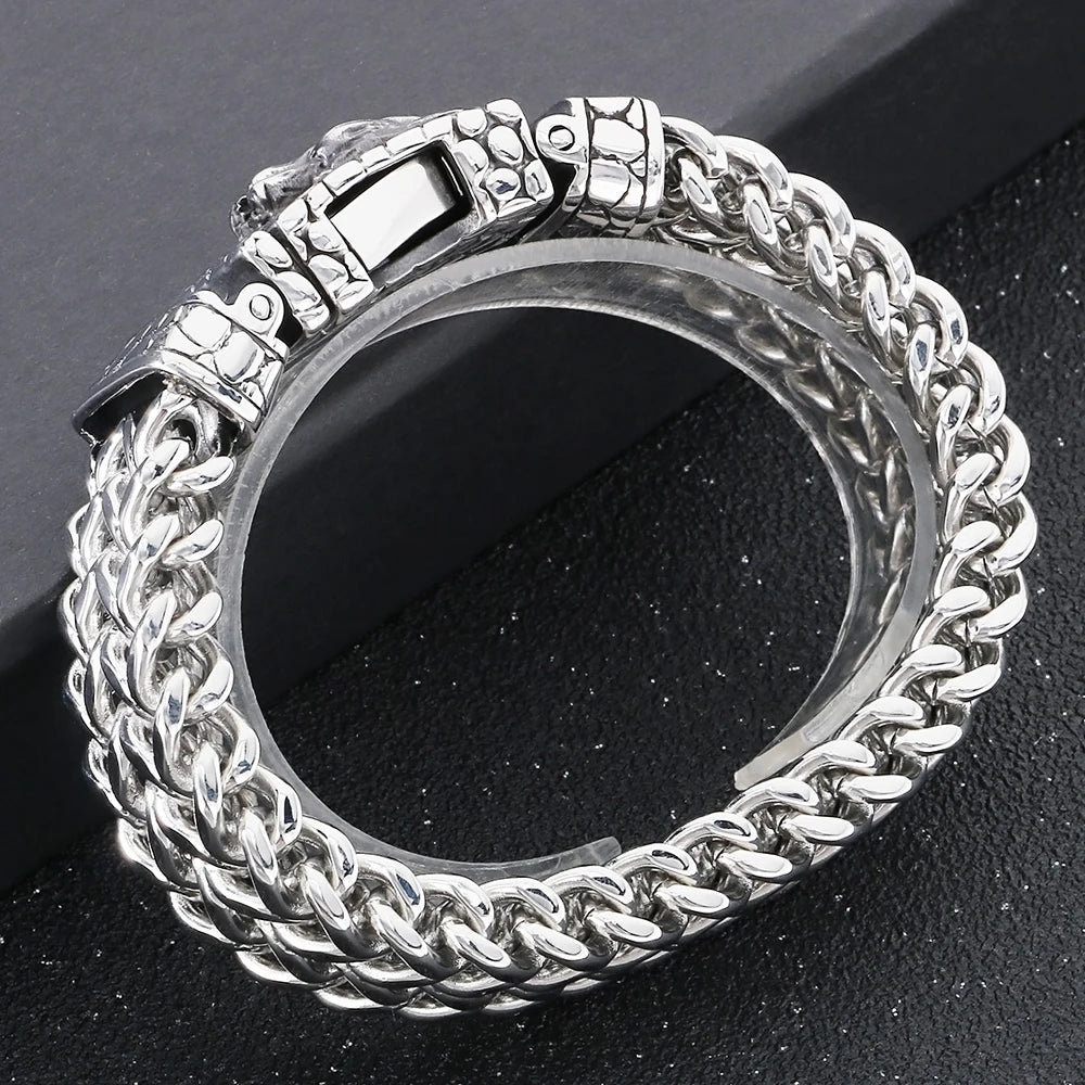 Cool Punk Chinese Loong Dragon Head Bracelet for Man 16MM Width Double Layer Square Franco Chain Bracelets Men's Male