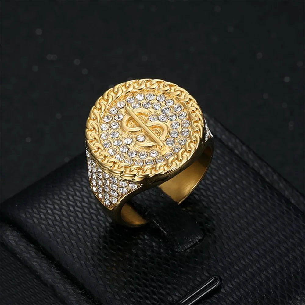 Hip Hop Iced Out Bling Dollar Signs Ring Male Gold Color Stainless Steel Rapper Big Round Money Rings For Men Party