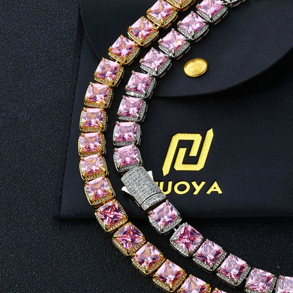 Tennis Chain Necklace Iced Out Pink Princess Cut