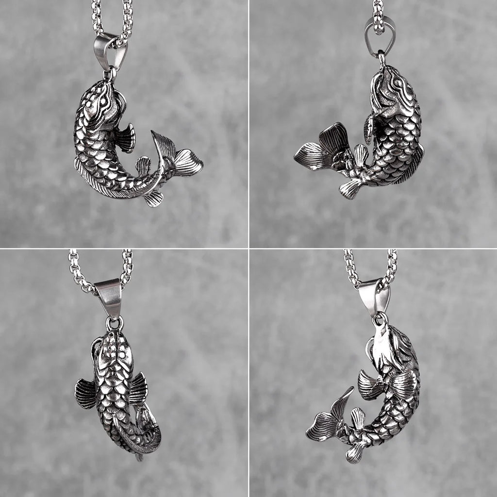 Koi Fish Animal Mens Long Necklaces Pendants Chain Punk Hip Hop for Boy Male Stainless Steel Jewelry Creativity Gift