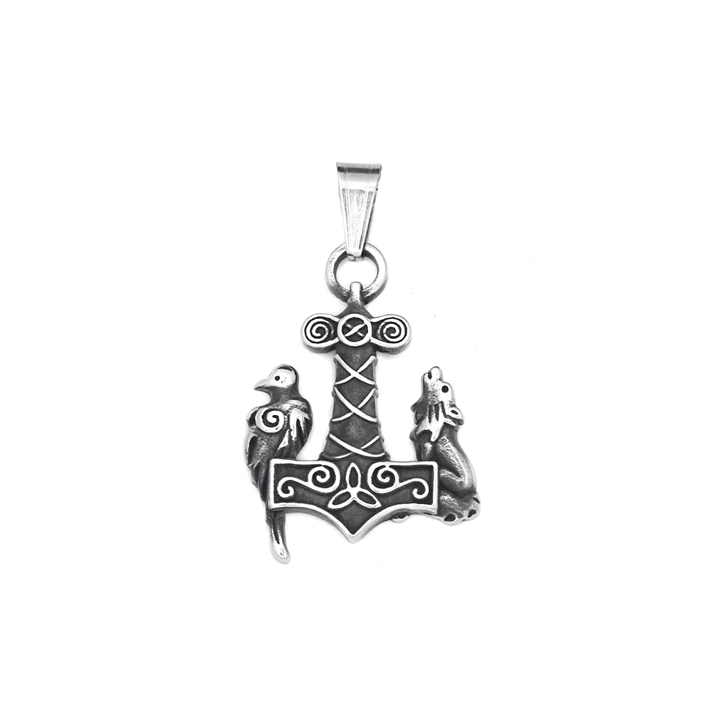 Viking Thor Hammer Wolf Pendant — Stainless Steel