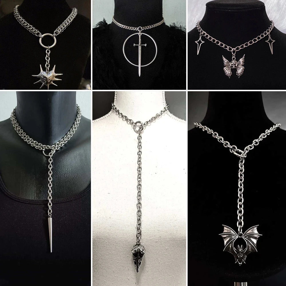 Gothic Crow Skull Necklace For Women man Fashion Vampire Bat Accessory Punk Jewelry Gift Circle Pagan Vintage Moth Charm Choker