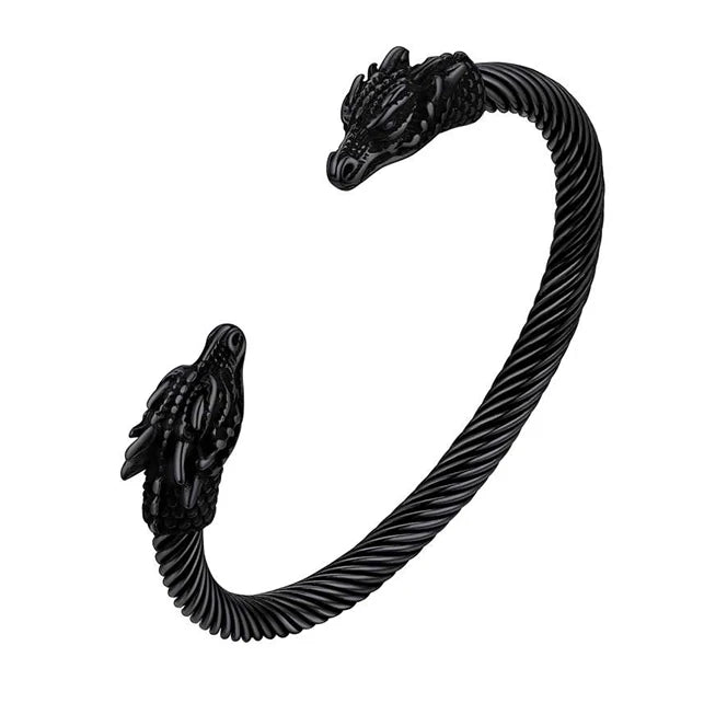 U7 Stainless Steel 6mm Wide Twristed Cable Open Bangle Cuff for Man Skull Dragon Long Charm End Rock Gothic Punk Jewelry Gift