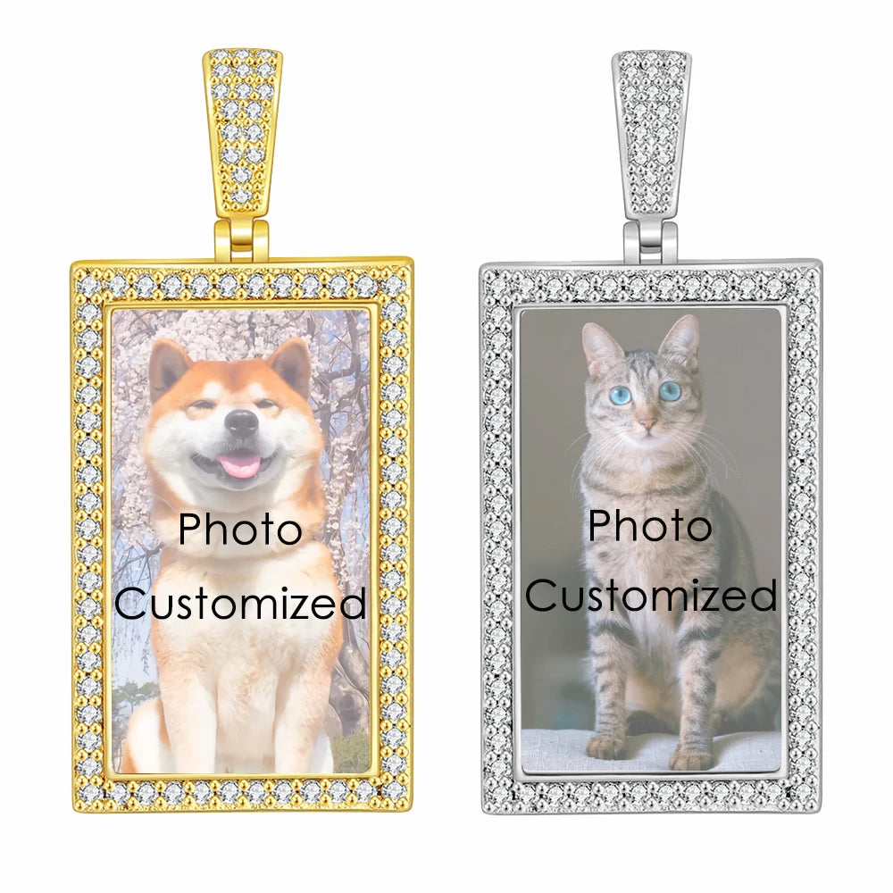 Iced Out Rectangle Photo Pendant Necklace