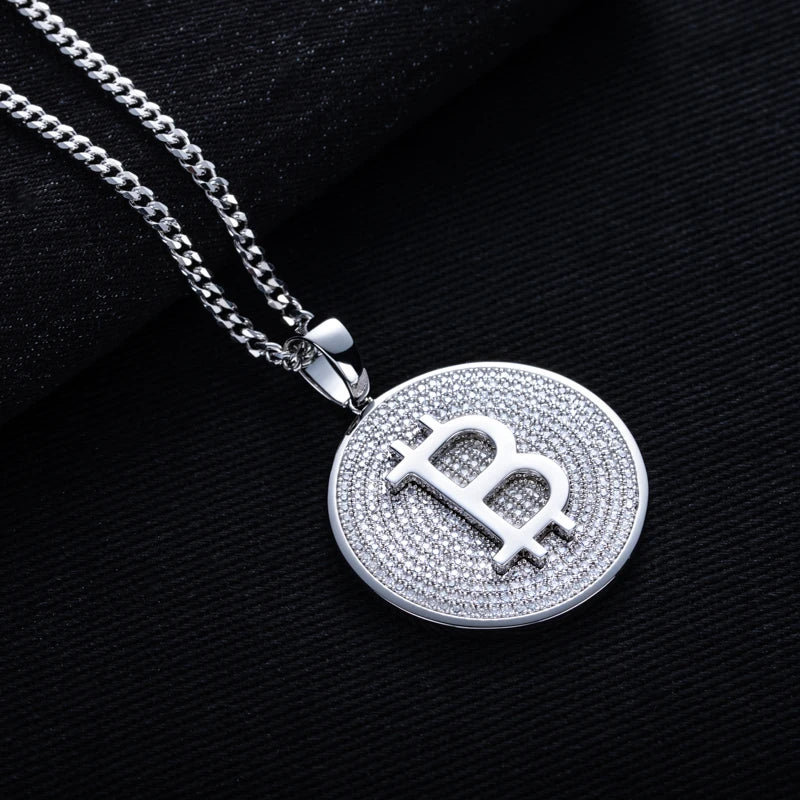 Iced Out Bitcoin Pendant — 925 Silver