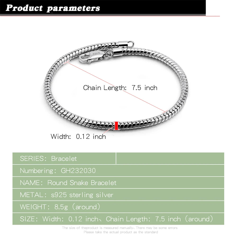 Smooth 3MM 4MM Round Snake Chain Bracelet 100% 925 Sterling Silver Men Women Teen Boy Girls  6.3"- 9"  Bangle Jewelry Gift
