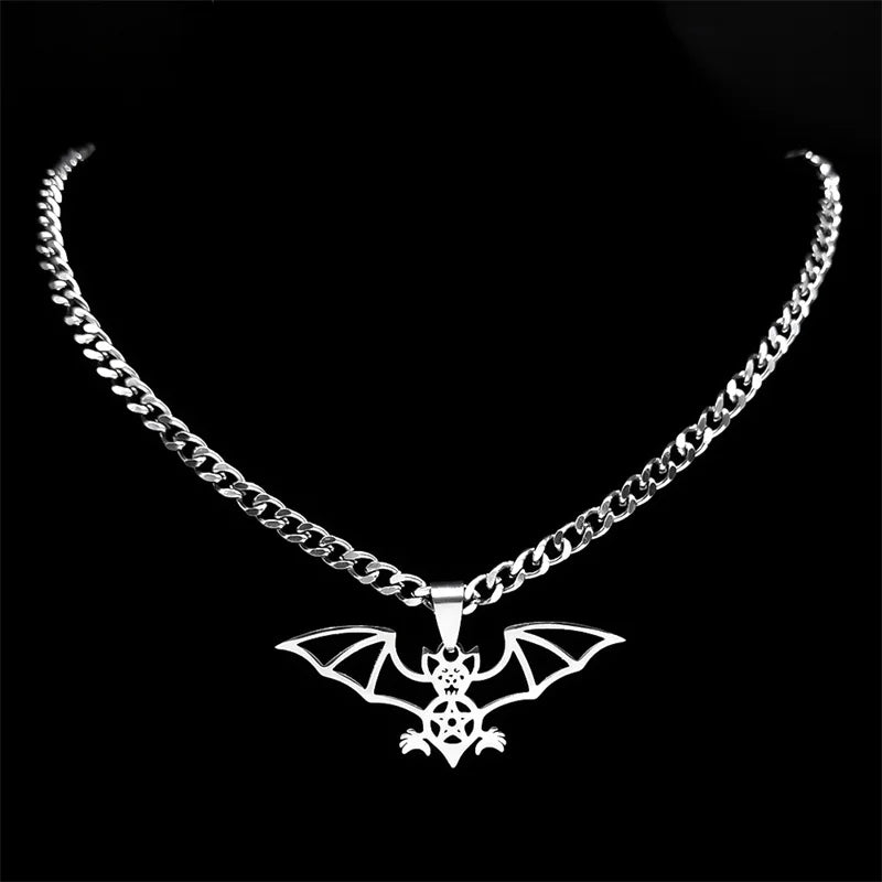 Gothic Bat Pentagram Necklace — Silver
