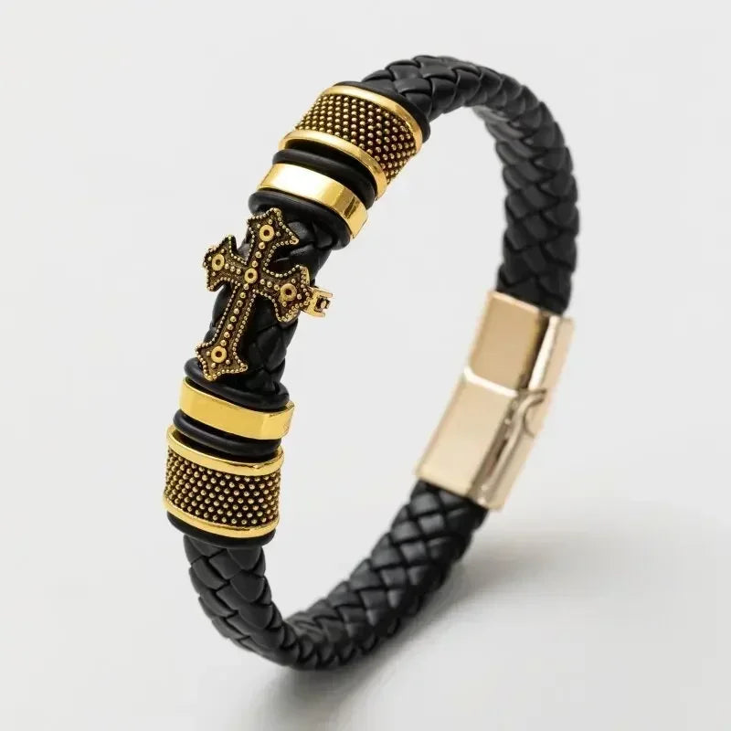 Vintage Punk Hand Woven Three Layer Leather Black Beaded Bracelet Magnetic Bracelet Clasp Men\\'s Charm Business Event Jewelry
