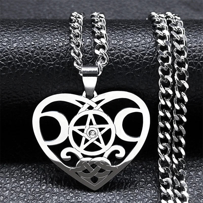 Wicca Heart Pentagram Pendant — Stainless