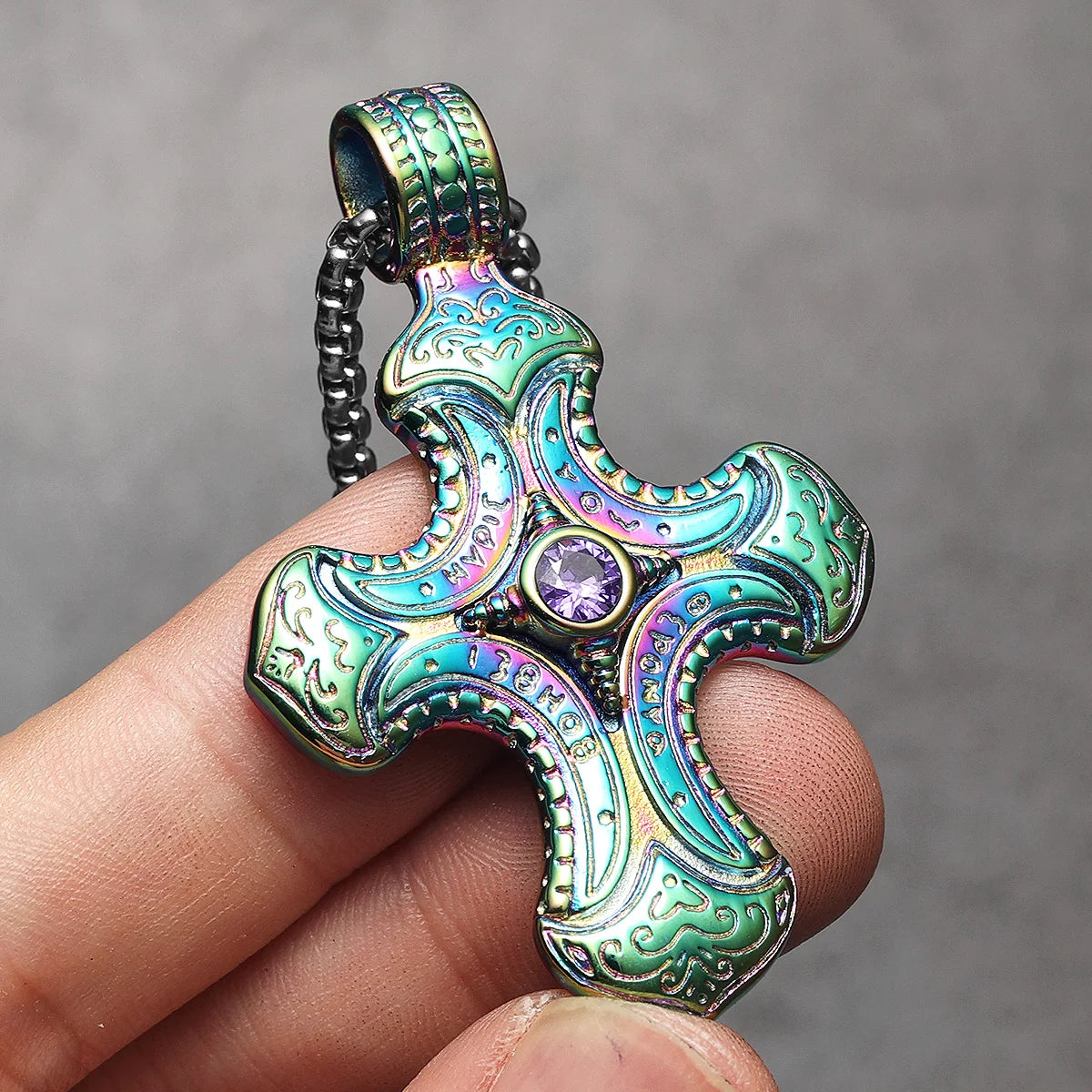 Cross Gemstone Pendant — Stainless Steel