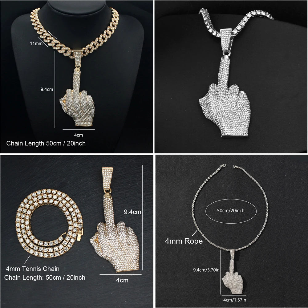 Hip Hop Big Polite Gesture Middle Finger Pendant Necklace with 11mm Crystal Cuban Chain HipHop Iced Out Necklaces Men