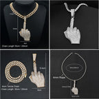 Hip Hop Big Polite Gesture Middle Finger Pendant Necklace with 11mm Crystal Cuban Chain HipHop Iced Out Necklaces Men