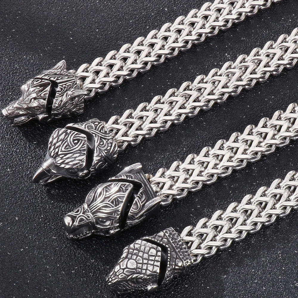 Nordic Viking Jewelry Man Bracelet With Snake Owl Wolf Head Solid Stainless Steel 12MM Mesh Link Chain Men's Bracelets