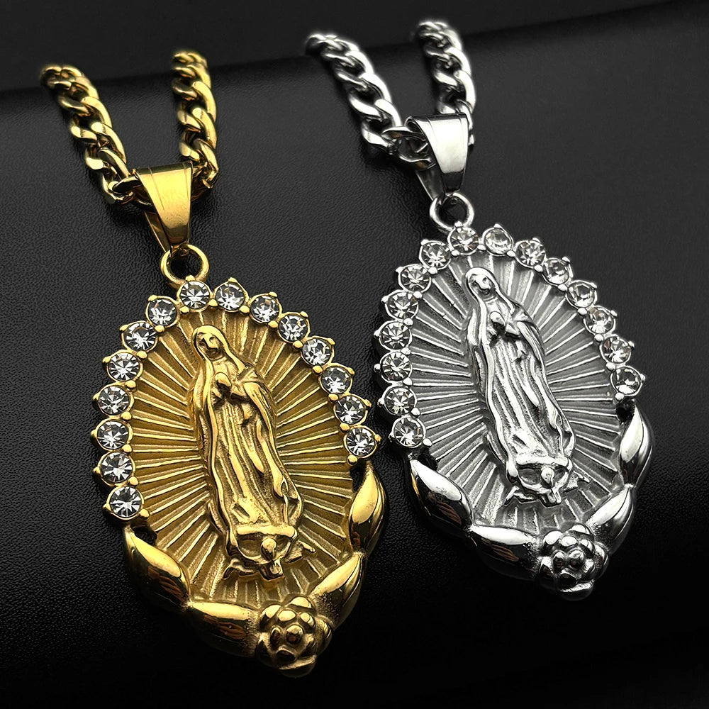 Our Lady of Guadalupe Rhinestone Necklace — Stainless Steel