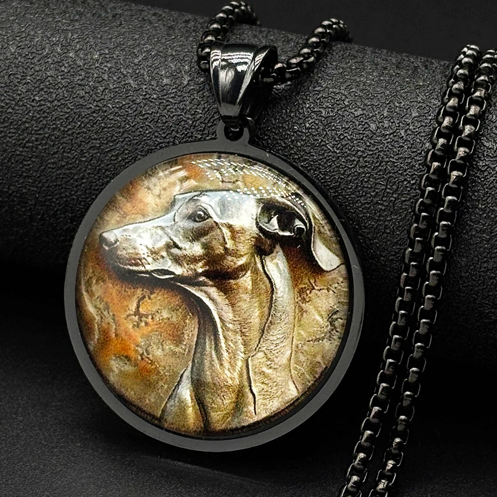 Greyhoun Whippet Dog Head Glass Medal Pendant Necklace for Women Men Gold Plated Stainless Steel Animal Pet Lover Chain