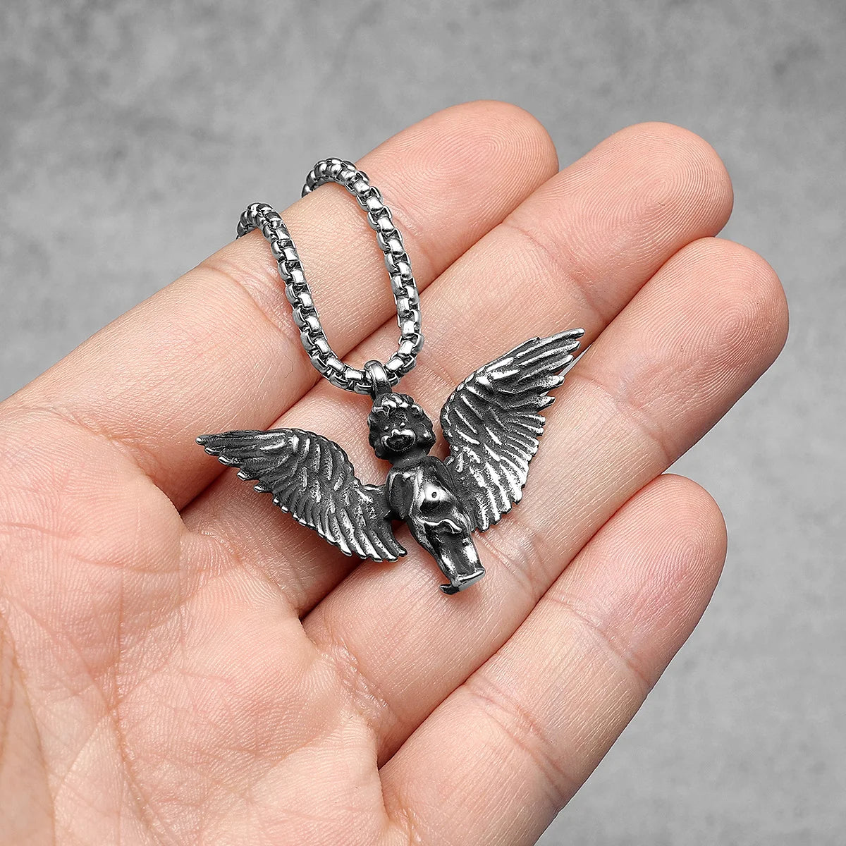 Angel Wings Cherub Pendant Necklace Stainless Steel