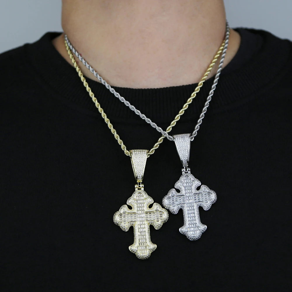 New Iced Out Bling CZ Cross Pendant Necklace Silver Color Prong Setting Cubic Zirconia Jesus Charm Men Women Hip Hop
