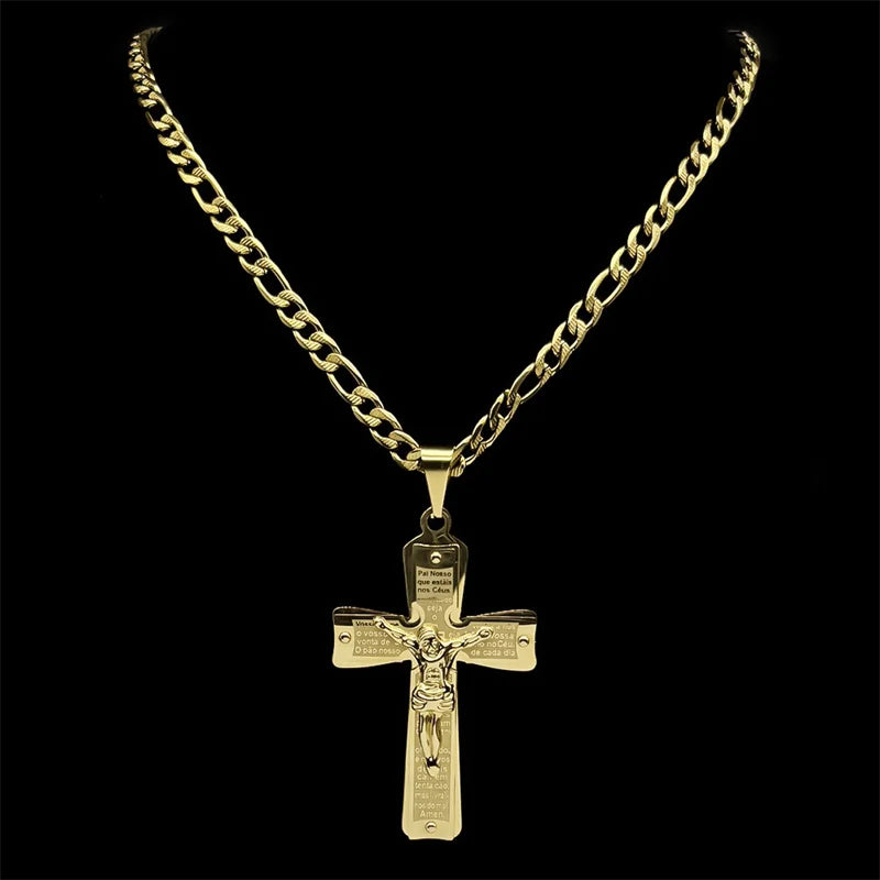 Christian Jesus Cross Crucifix Necklace for Man Women Stainless Steel Gold Color Bible Men's Chain Prayer Baptism Gift