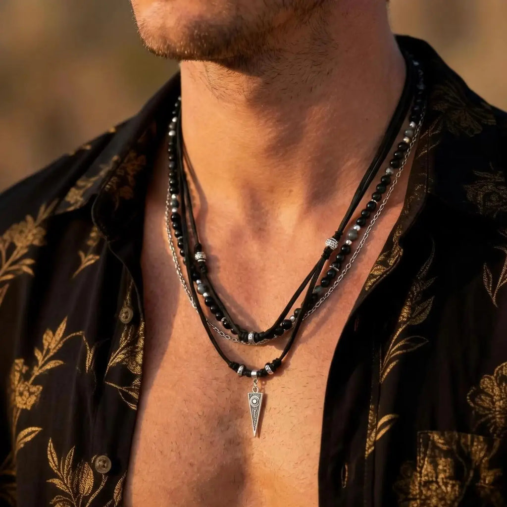 Multi-Layer Leather Pendant Necklace — Black