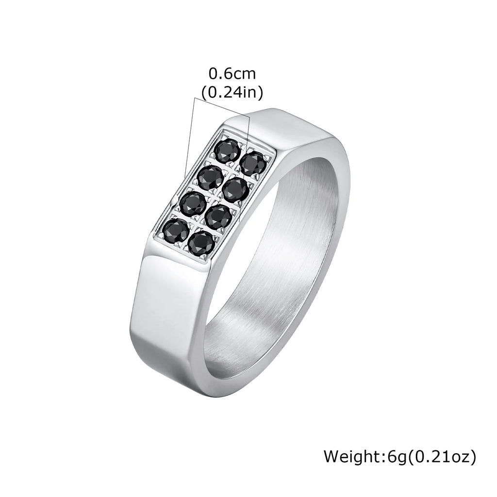 Men's Black Zircon Stainless Steel Ring, High Polished Silver Color Chunky Square Signet Ring, Punk Fashion Jewelry US