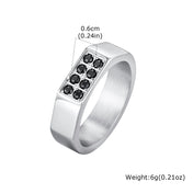 Men's Black Zircon Stainless Steel Ring, High Polished Silver Color Chunky Square Signet Ring, Punk Fashion Jewelry US