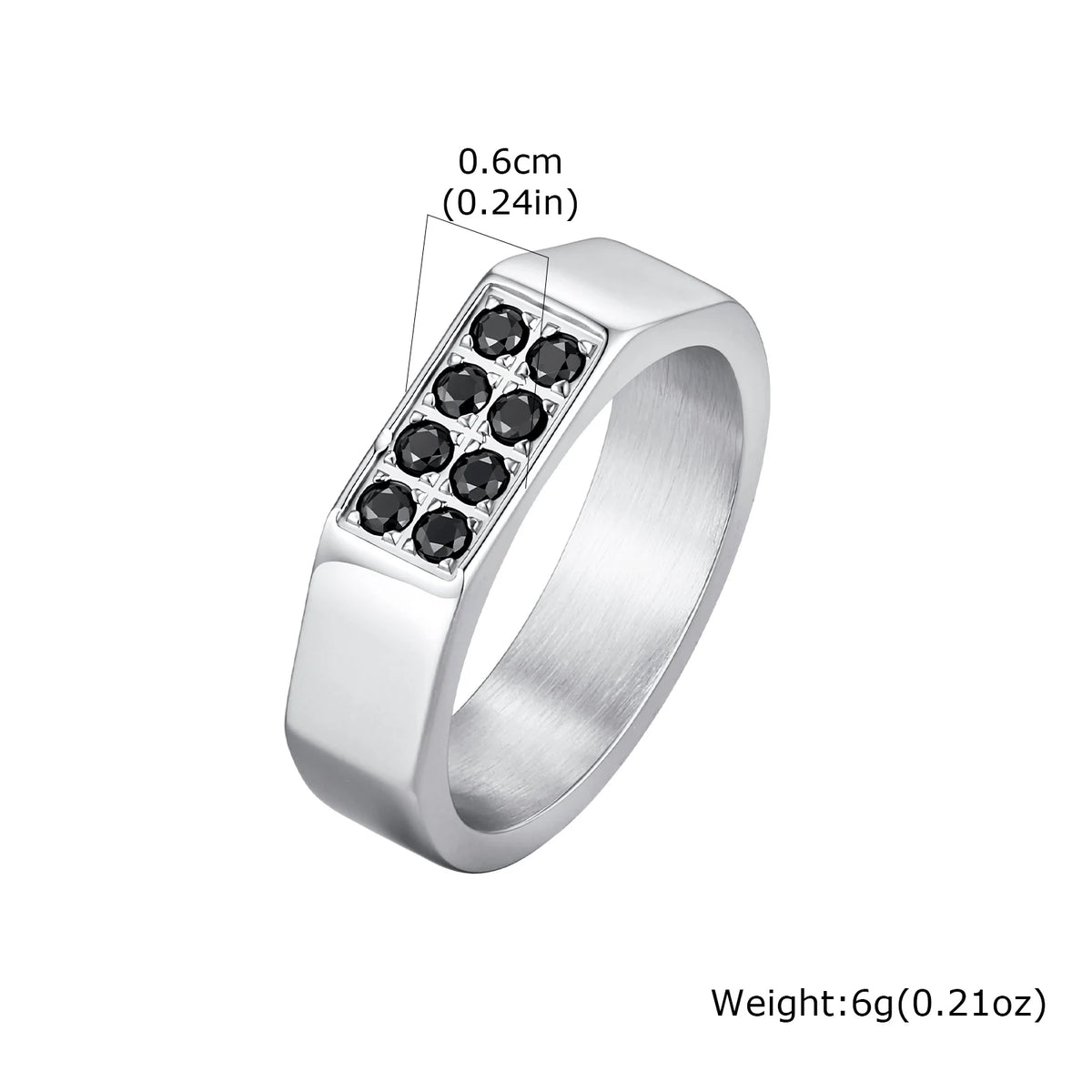 Men's Black Zircon Stainless Steel Ring, High Polished Silver Color Chunky Square Signet Ring, Punk Fashion Jewelry US