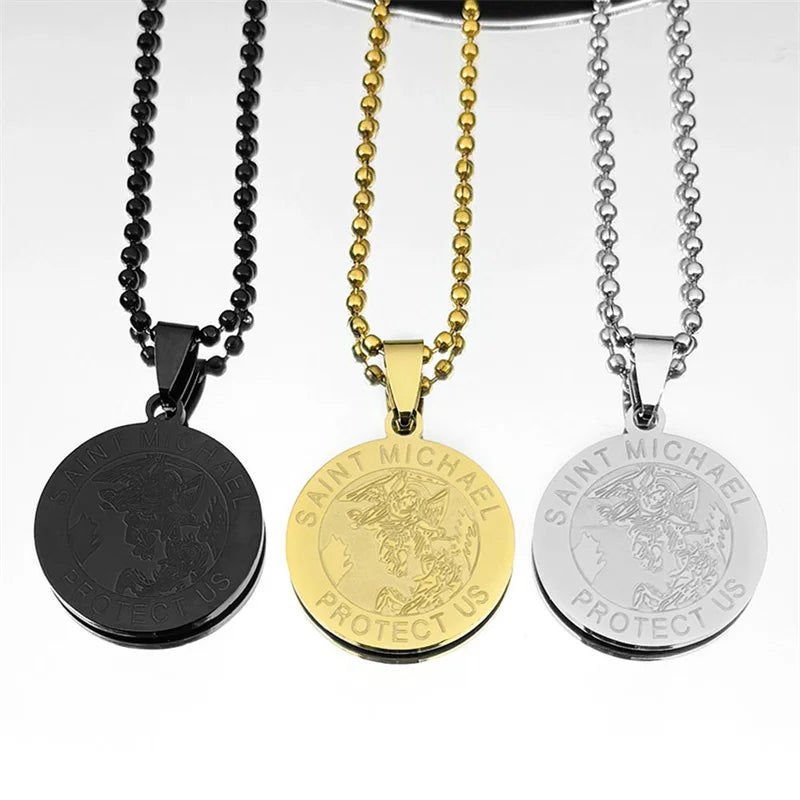 Gold Pendant Saint Michael Protect Archangel Round