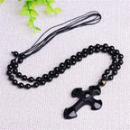 Drop Shipping Natural Black Obsidian Carved Cross Lucky Pendant + Beads Necklace for Woman Man Crystal Jade Charm Gift Jewelry