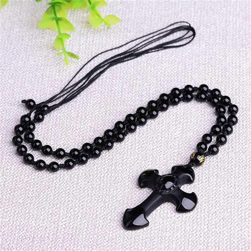 Drop Shipping Natural Black Obsidian Carved Cross Lucky Pendant + Beads Necklace for Woman Man Crystal Jade Charm Gift Jewelry