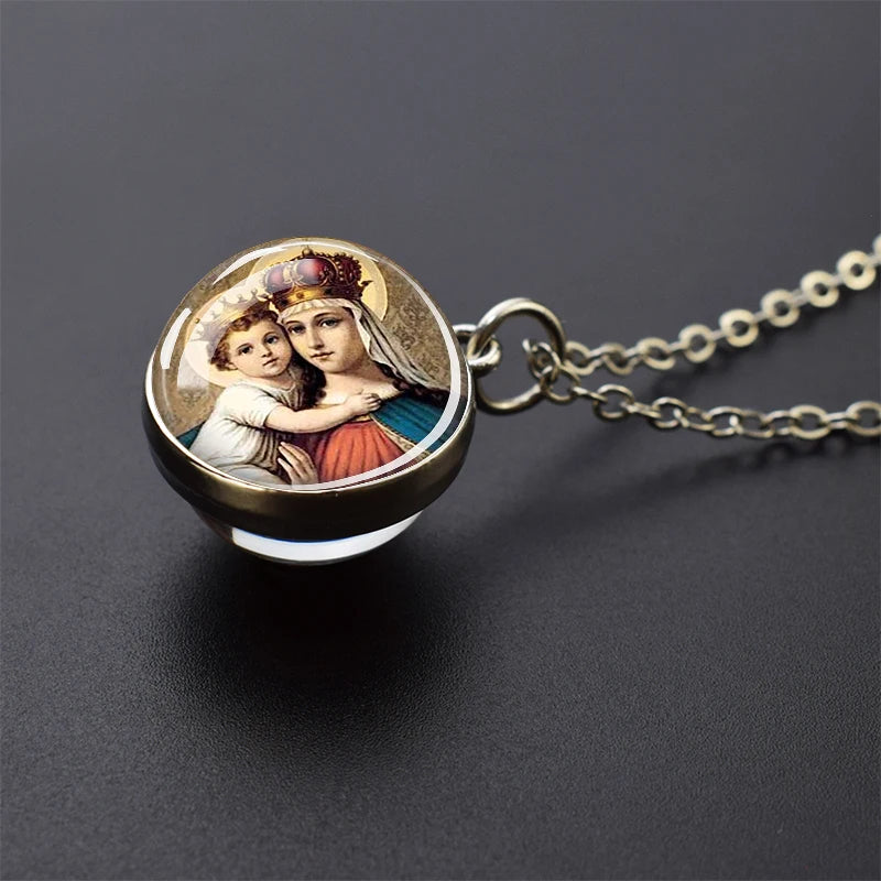 Jesus and Virgin Mary Necklace Saint Michael Jude Anthony Patrick Paul Glass Ball Pendant Religious Jewelry Christian Gift